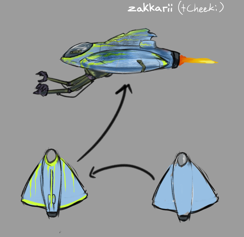 A silver-blue space ship with some damage and arms.