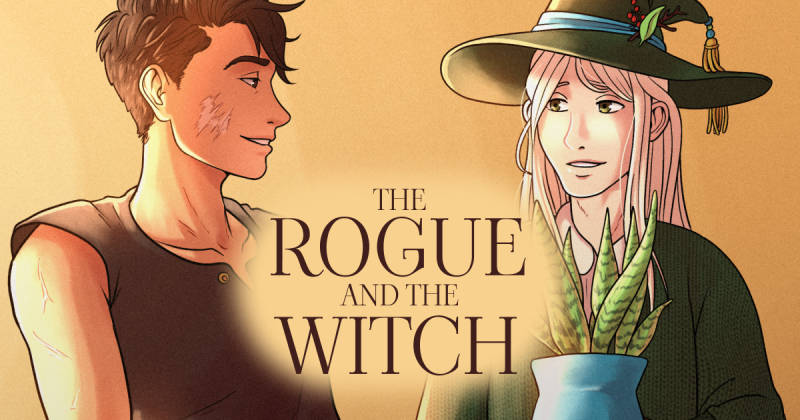 M/M Romantasy : Dark-haired scarred rogue chats with silver-haired witch in green