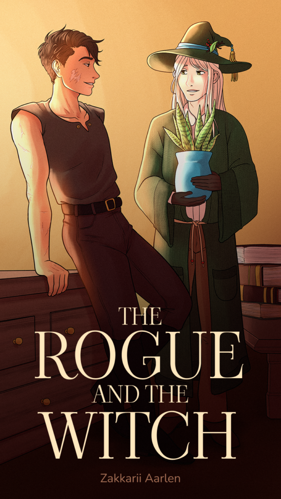 Cover art for "The Rogue and the Witch", a short M/M story by Zakkarii Aarlen. Depicts a man in black with a sleeveless tunic, scarred arms and face, and short "rogueish" black hair (badumtss). He's grinning at a paler man in a green cardigan with witch-y hatch, long pale hair, and gloves. He's holding a blue vase with a striped plant.