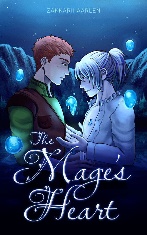 Cover for "The Mage's Heart", a romantasy novel by Zakkarii Aarlen. Features a night scene in a lake with mountains in the background. A man with short brown hair, green shirt, and brown vest is holding another man by the waist and staring at him intently. The other man has thick gray hair up in a ponytail, with blue highlights. He is looking at an orb of water being magicked to match the other floating orbs of water in the image. He has a look of happy wonder, not aware of the other guy's fixated stare. (They're in love, your honor)